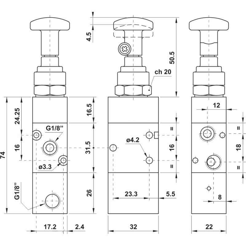 ZAWÓR PNEUMATYCZNY 321 CTT 3/2 G1/8 STER. CIĘGŁEM