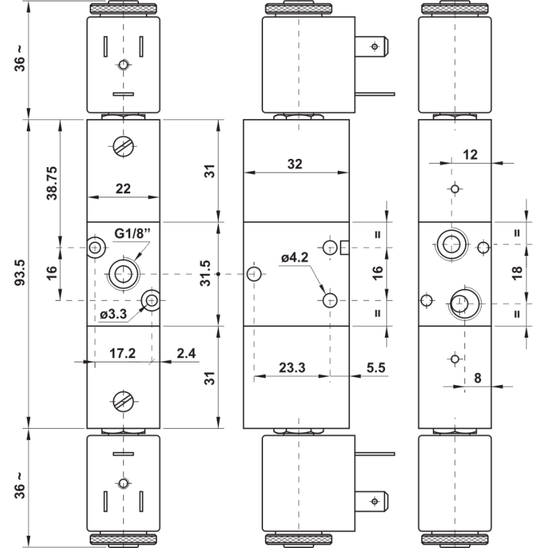 ELEKTROZAWÓR PNEUMATYCZNY 321 EE 3/2 G1/8 2X CEWKA