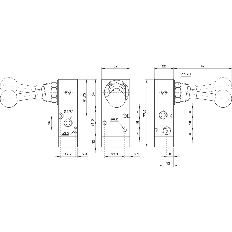 ZAWÓR PNEUMATYCZNY 321 LL90 3/2 G1/8 Z DŹWIGNIĄ