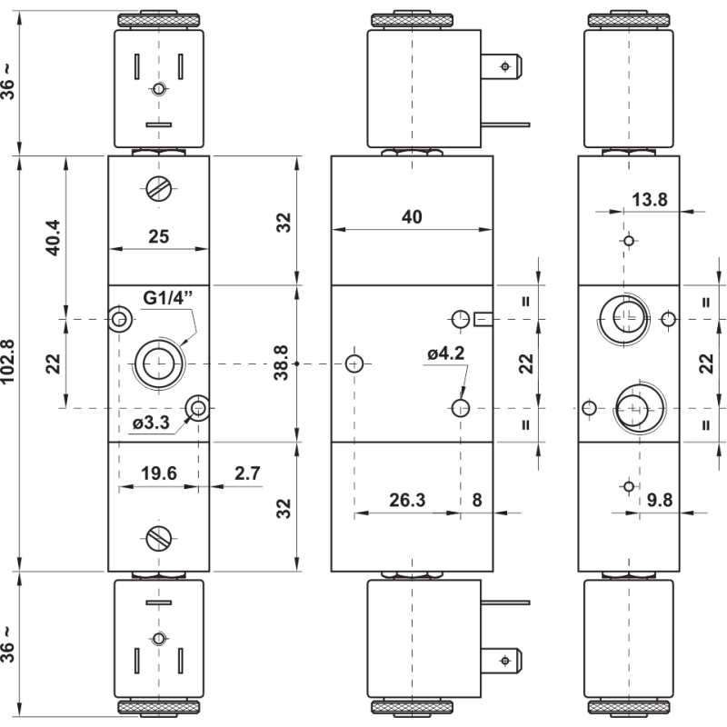 ELEKTROZAWÓR PNEUMATYCZNY 322 EE 3/2 G1/4 2X CEWKA