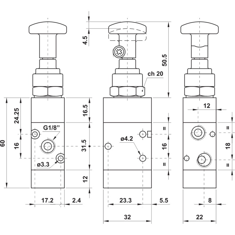 ZAWÓR PNEUMATYCZNY 321 TT 3/2 G1/8 STER. CIĘGŁEM