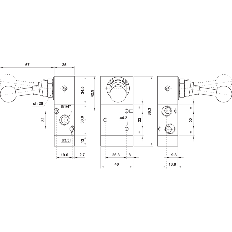 ZAWÓR PNEUMATYCZNY 322 LL90 3/2 G1/4 Z DŹWIGNIĄ