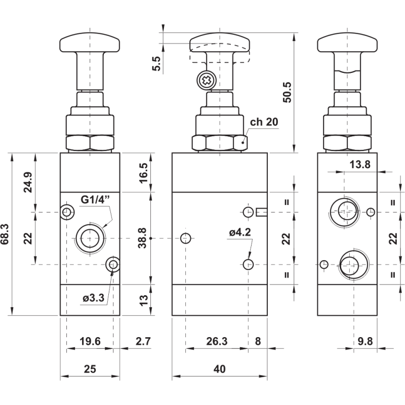 ZAWÓR PNEUMATYCZNY 322 MT 3/2 G1/4 STER. CIĘGŁEM