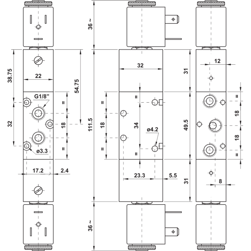 ELEKTROZAWÓR PNEUMATYCZNY 521 EE 5/2 G1/8 2X CEWKA
