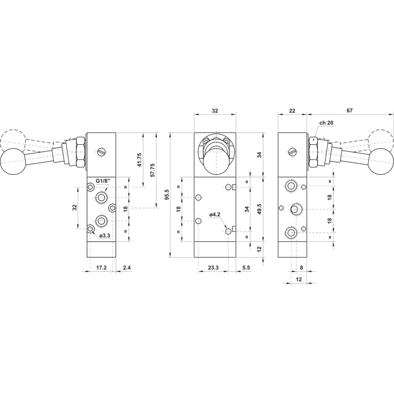 ZAWÓR PNEUMATYCZNY 521 LL90 5/2 G1/8 Z DŹWIGNIĄ