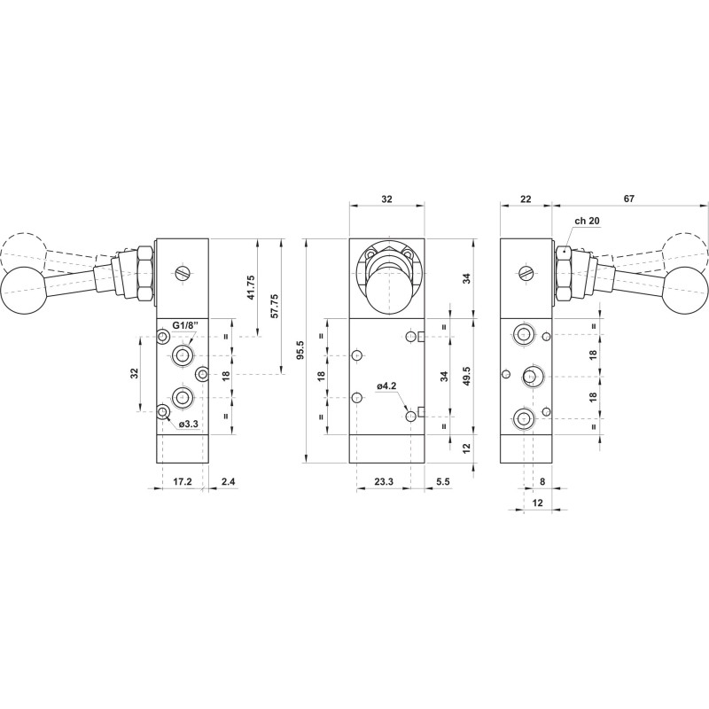 ZAWÓR PNEUMATYCZNY 521 ML90 5/2 G1/8 Z DŹWIGNIĄ