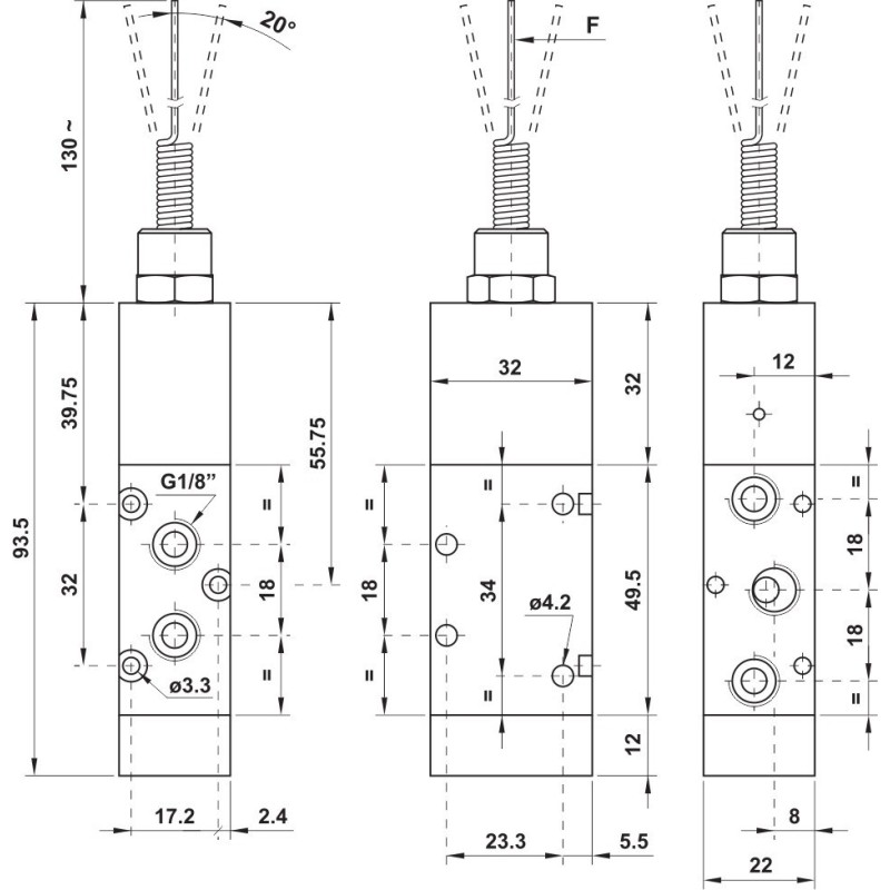 ZAWÓR PNEUMATYCZNY 521 MN 5/2 G1/8 STER. ANTENKĄ