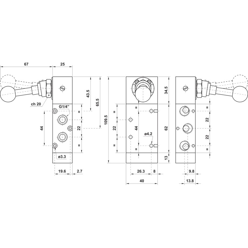 ZAWÓR PNEUMATYCZNY 522 LL90 5/2 G1/4 Z DŹWIGNIĄ