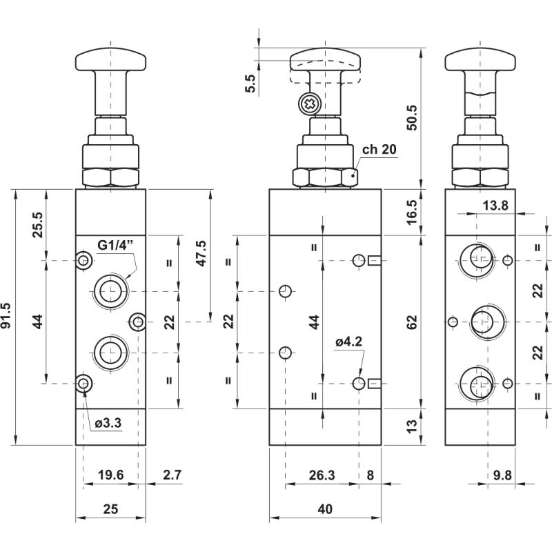 ZAWÓR PNEUMATYCZNY 522 MT 5/2 G1/4 STER. CIĘGŁEM