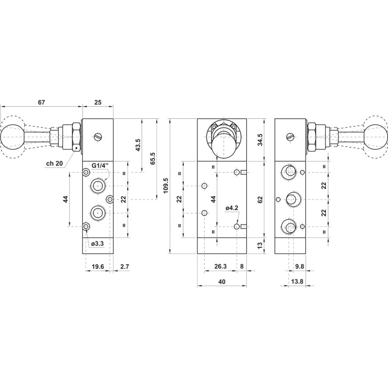 ZAWÓR PNEUMATYCZNY 5223A LL90 5/3 G1/4 Z DŹWIGNIĄ