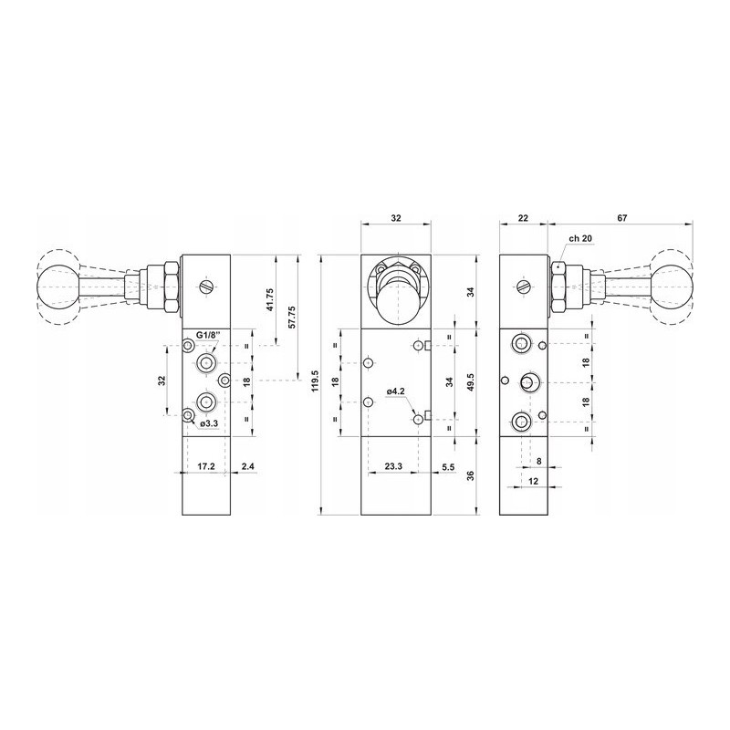 ZAWÓR PNEUMATYCZNY 5213C ML90 5/3 G1/8 Z DŹWIGNIĄ